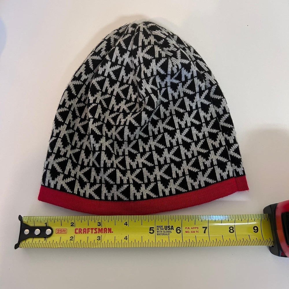 Michael Kors MK Monogram Beanie Hat Black White‎ Red Trim Acrylic